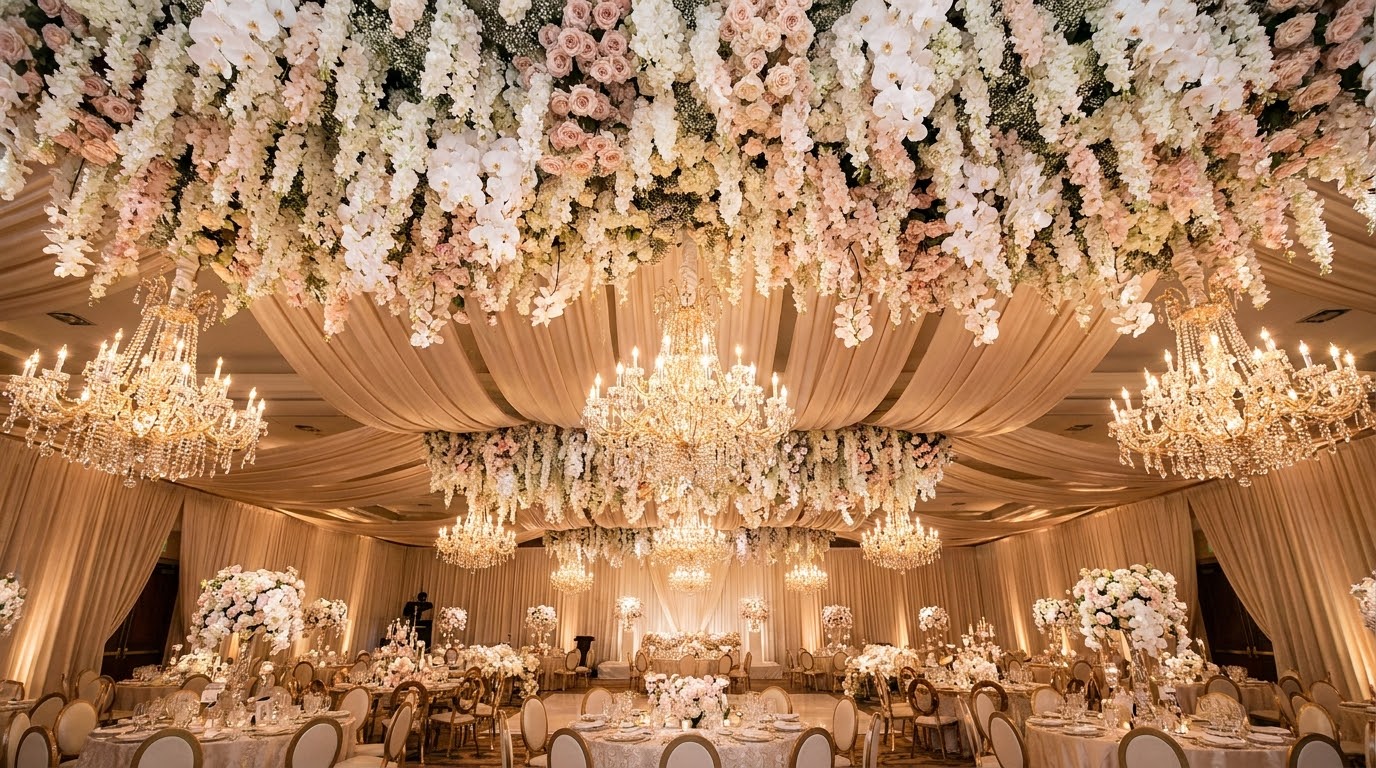 Chandelier and floral ceiling installation over the reception