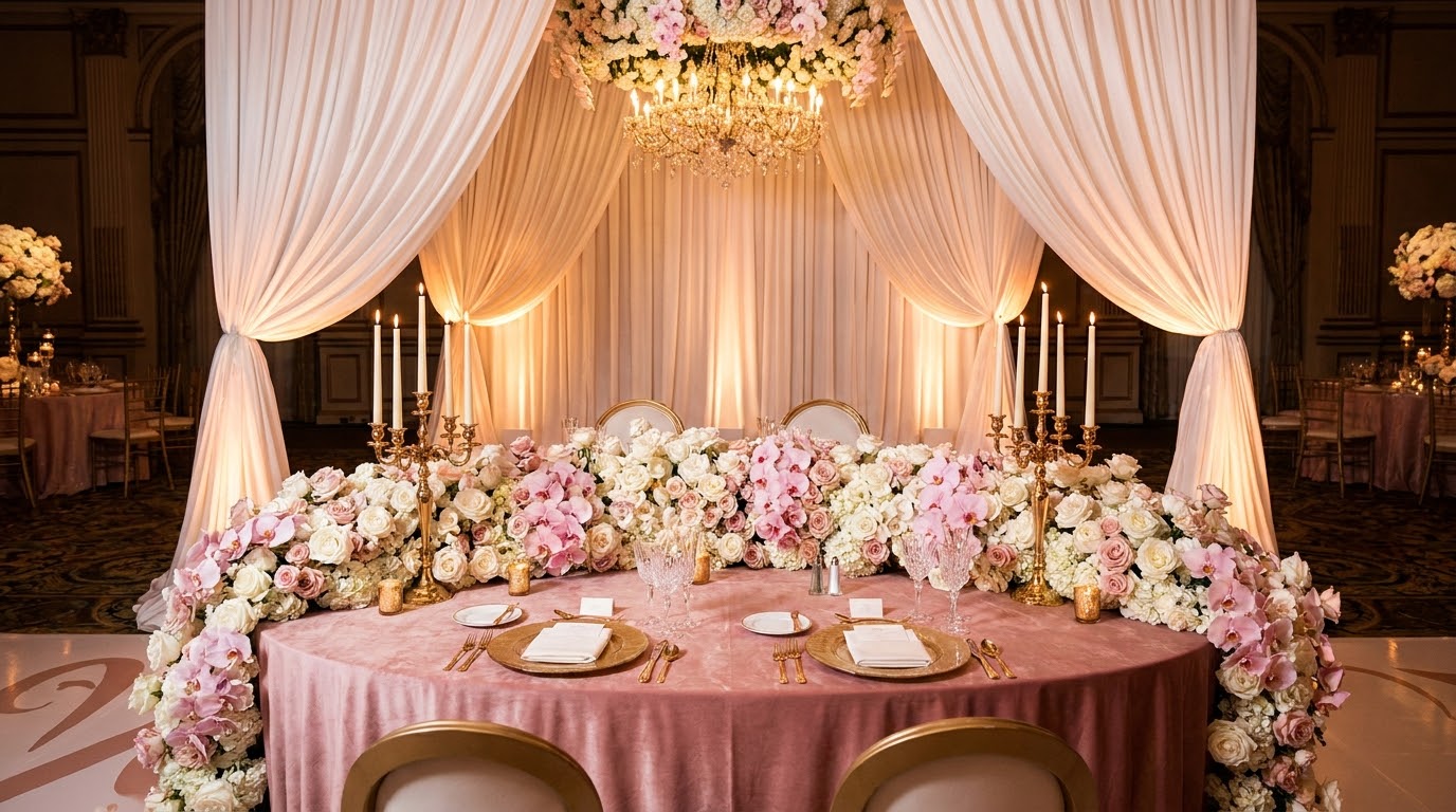 Draped sweetheart table with candelabras and roses