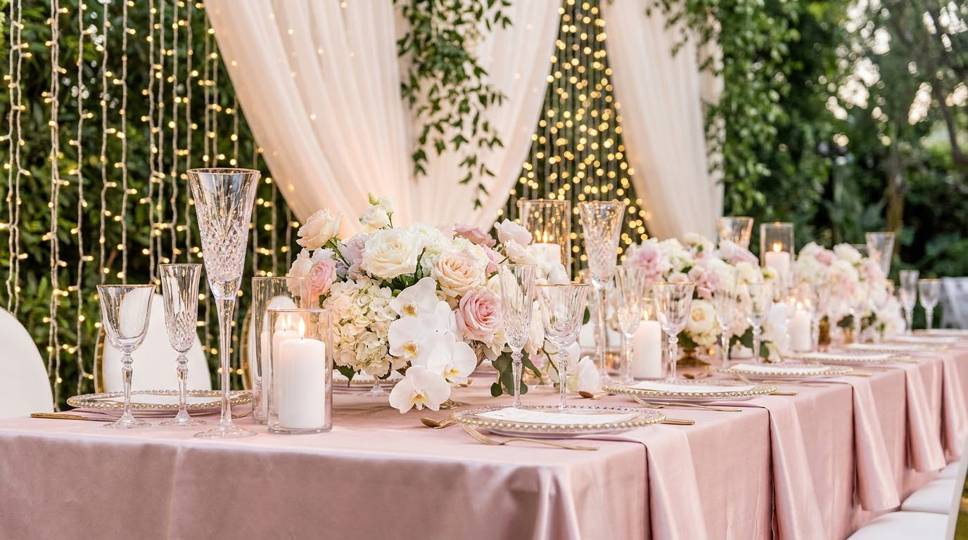 Luxury tablescape with fairy-lit floral arch